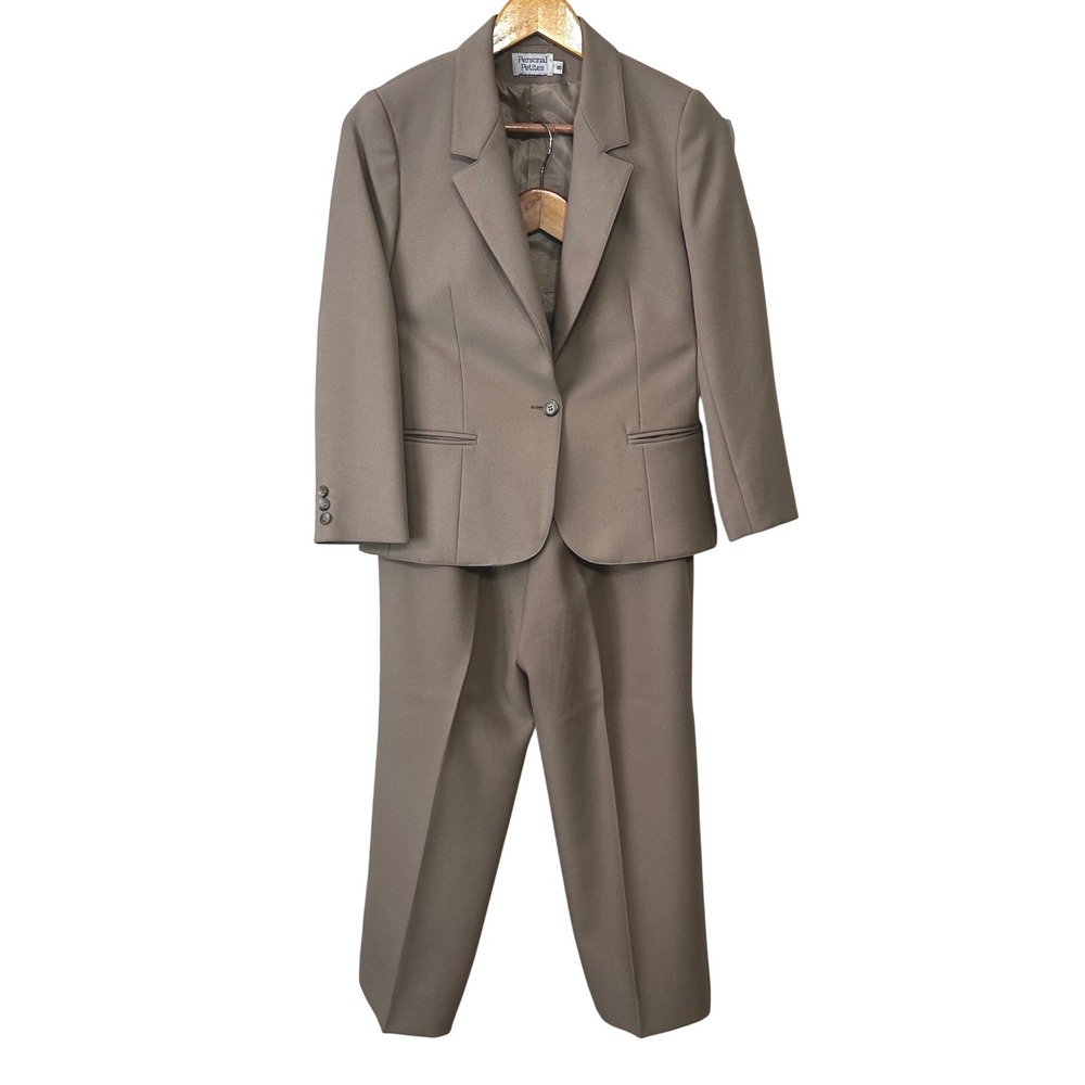 Personal Petites Womens Taupe Brown 2 Piece Pant Suit Blazer 8P Straight Leg 10P